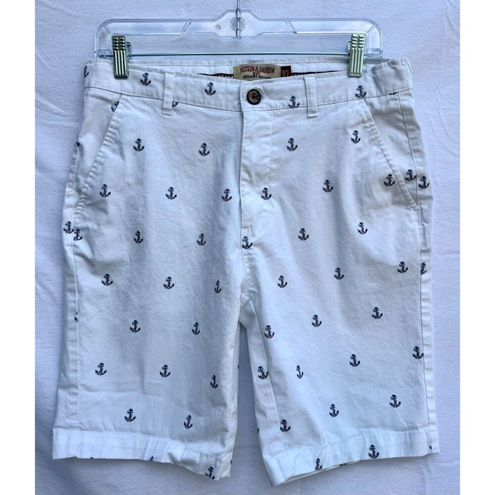Hudson & Barrow Anchor Print Shorts Men’s Size 30 White Nautical Chino Flat Fron